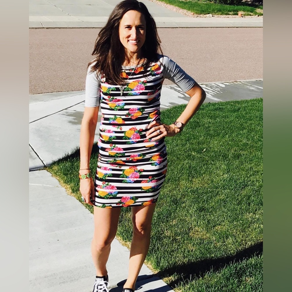 LuLaRoe Black & White Striped Mini Dress with Bright Floral Print
